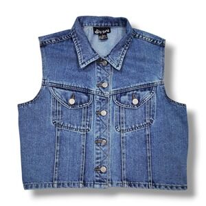 Vintage She Said 90s Cropped Blue Denim Vest Pockets Juniors Women's L